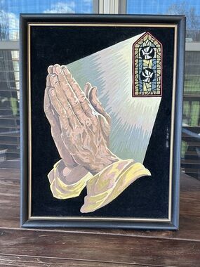 Vintage Mid-Century Black Velvet Paint By Number Folded Praying Hands